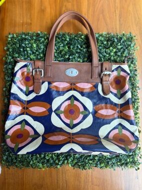 Fossil Key-Per Coated Canvas Tote Bag Navy Floral Geometric Print
